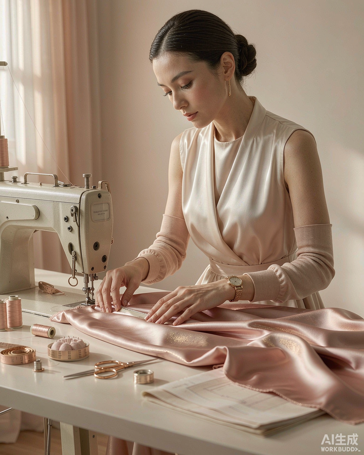 Editorial portrait of a focused woman seamstress at a sewing table, warm rose-gold light, garment worker living-wage dignity