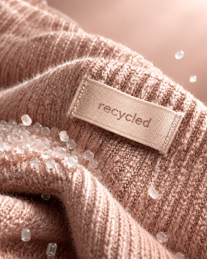 Rose-gold editorial close-up of a knit texture with a subtle plastic-particle motif and a recycled label, representing recycled polyester sustainability claims