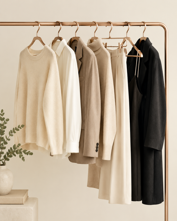 Minimalist capsule wardrobe on a rail with rose-gold hangers, cream background