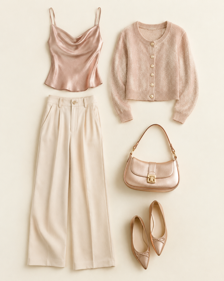 Rose-gold weekend outfit flat-lay with five clothing pieces, cream background, elegant soft light