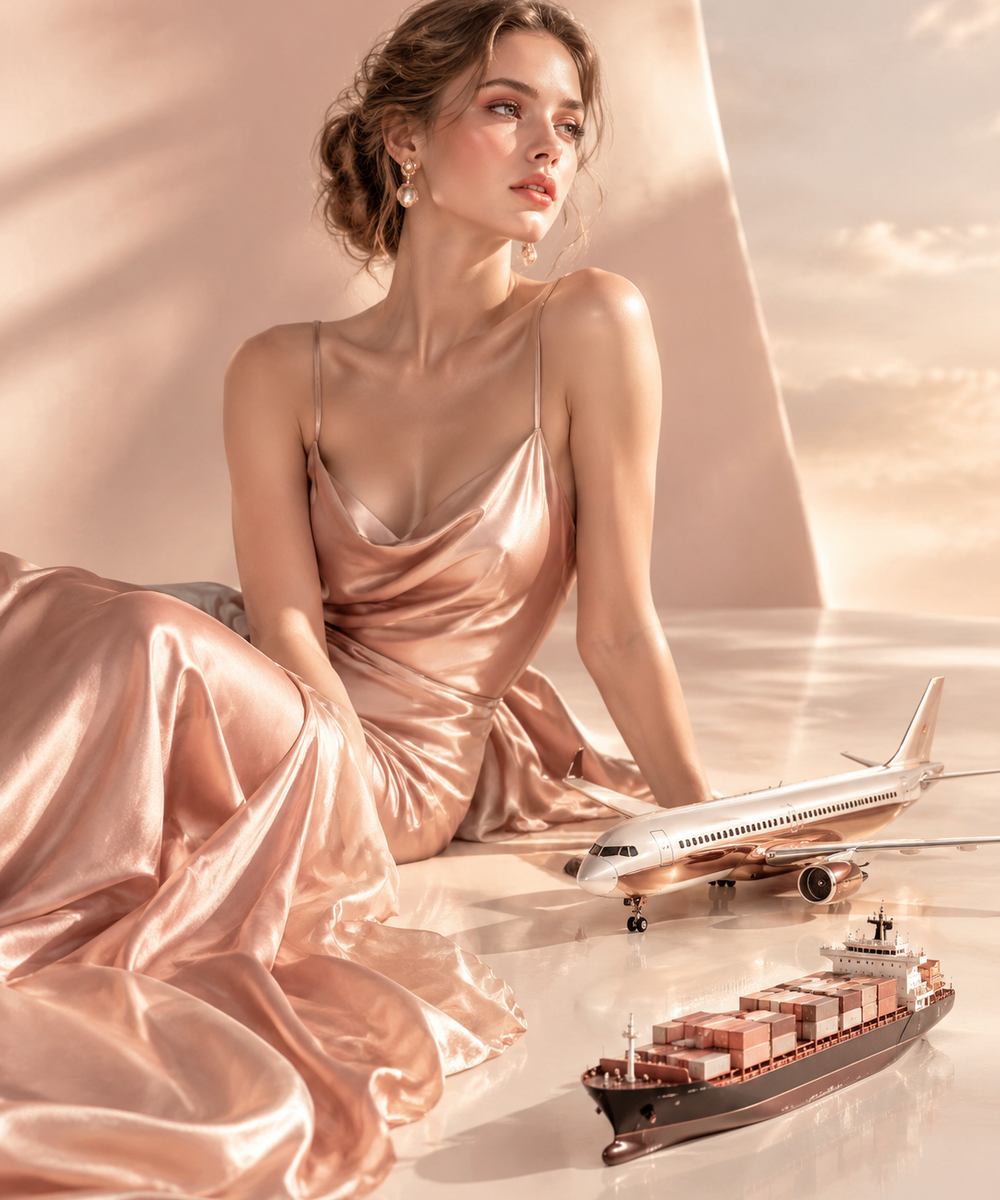 Rose-gold editorial of a flowing silk dress beside a small airplane and cargo ship miniature, illustrating the air versus sea freight decision for apparel
