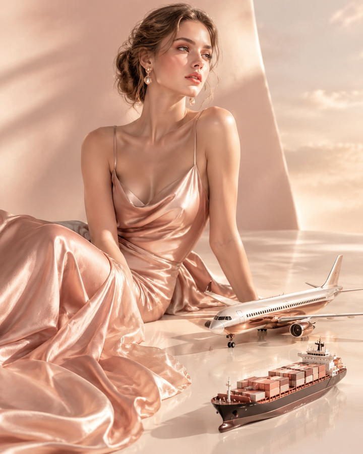 Rose-gold editorial of a flowing silk dress beside a small airplane and cargo ship miniature, illustrating the air versus sea freight decision for apparel