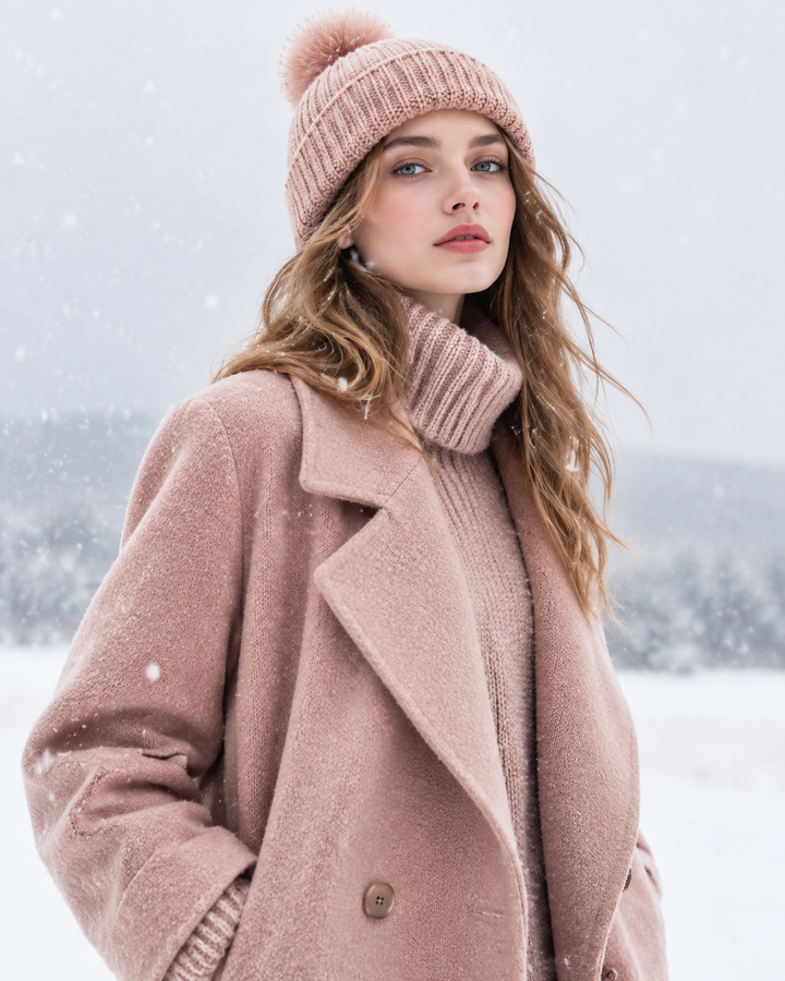 Rose-gold winter editorial look: coat and knit, snow-soft light, minimal backdrop