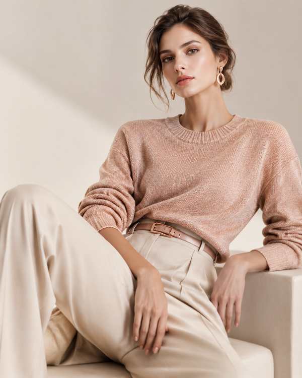 Rose-gold and cream women's fashion editorial, cotton fabric, soft fold