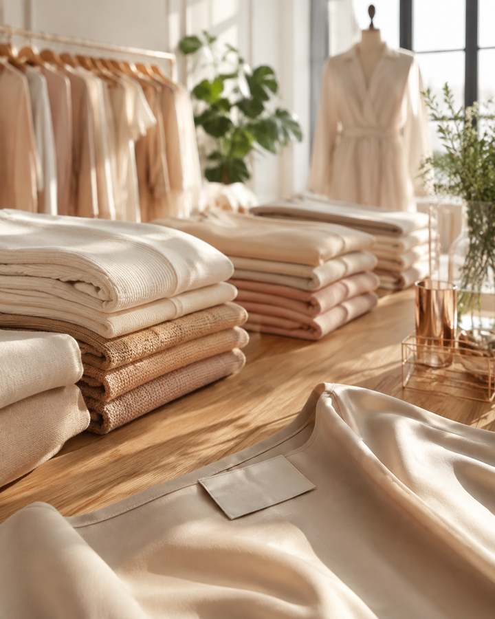 Folded neutral garments stacked in a bright minimalist atelier with a blank woven label