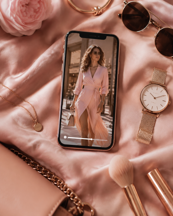 Smartphone and rose-gold accessories arranged on a cream editorial flat-lay