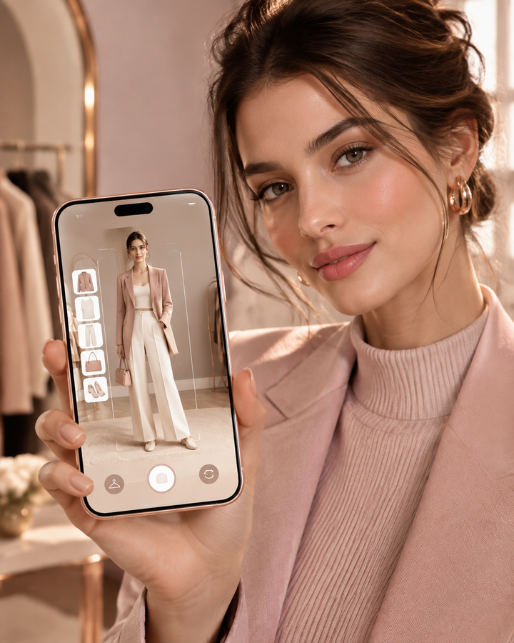 Woman holding a phone showing an outfit try-on overlay, modern rose-gold tones, soft light