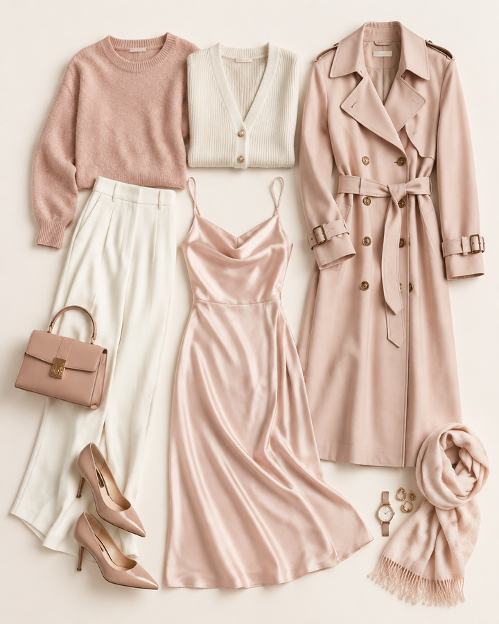 Rose-gold capsule wardrobe flat-lay of knit, trench and dress in blush and cream, styling edit