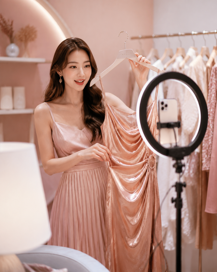 Woman hosting a live shopping stream presenting a rose-gold dress in front of a ring light
