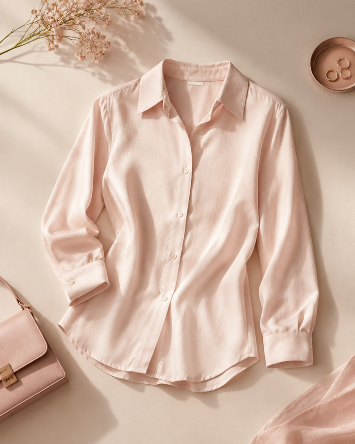 Minimalist flat lay of a single-fibre cotton garment in rose-gold light, sustainable fashion editorial