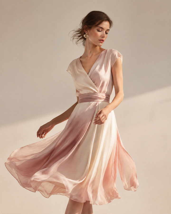 Editorial of a woman in a flowing blended-fiber midi dress, blush and cream, rose-gold fashion