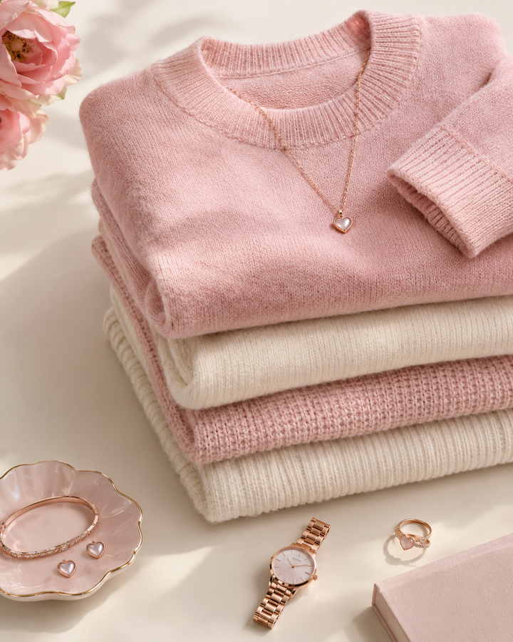 Flat-lay of stacked cotton knit garments in blush and cream with rose-gold accents, Bangladesh apparel sourcing