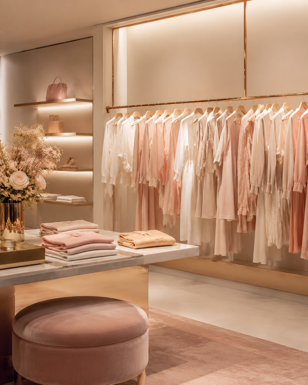 Minimalist boutique interior with a rose-gold clothing rail and neatly merchandised cream and blush garments