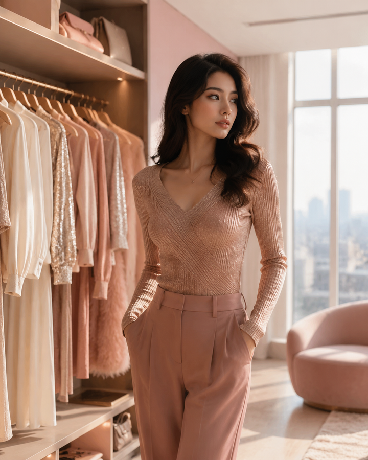 Woman in rose-gold knit and trousers beside a curated wardrobe, editorial fashion scene