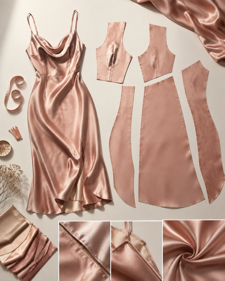 Flat-lay of a rose-gold slip dress with its pattern pieces, measuring tape and fabric swatches, editorial craftsmanship style