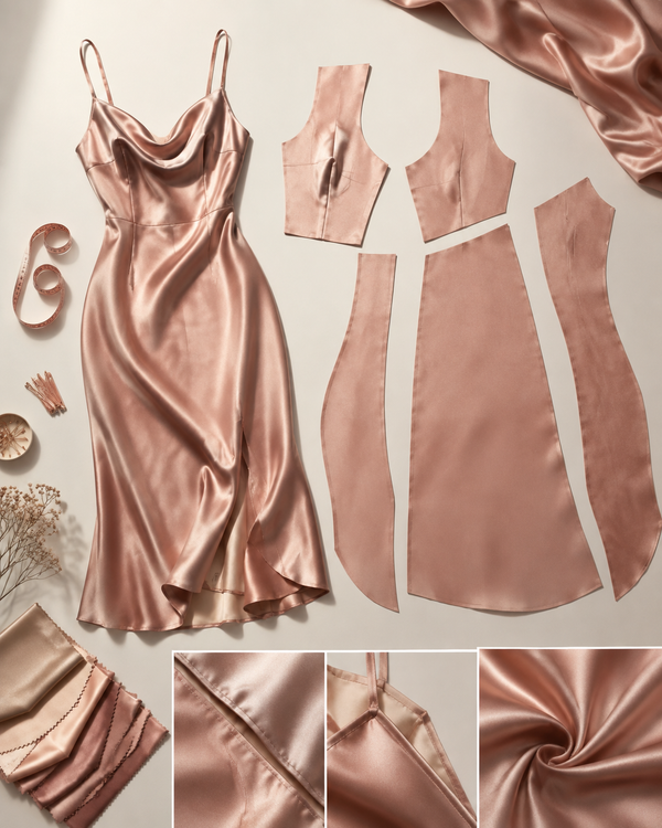 Flat-lay of a rose-gold slip dress with its pattern pieces, measuring tape and fabric swatches, editorial craftsmanship style
