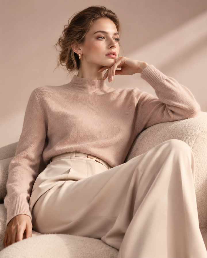 Rose-gold and cream women's fashion editorial, muted rose palette, swatches