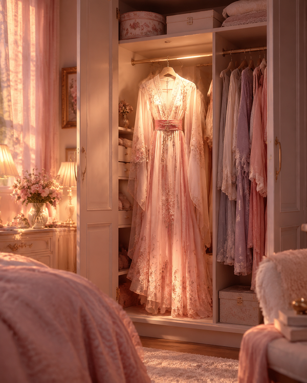 Open wardrobe with a cherished garment highlighted, warm rose-gold light, intimate bedroom