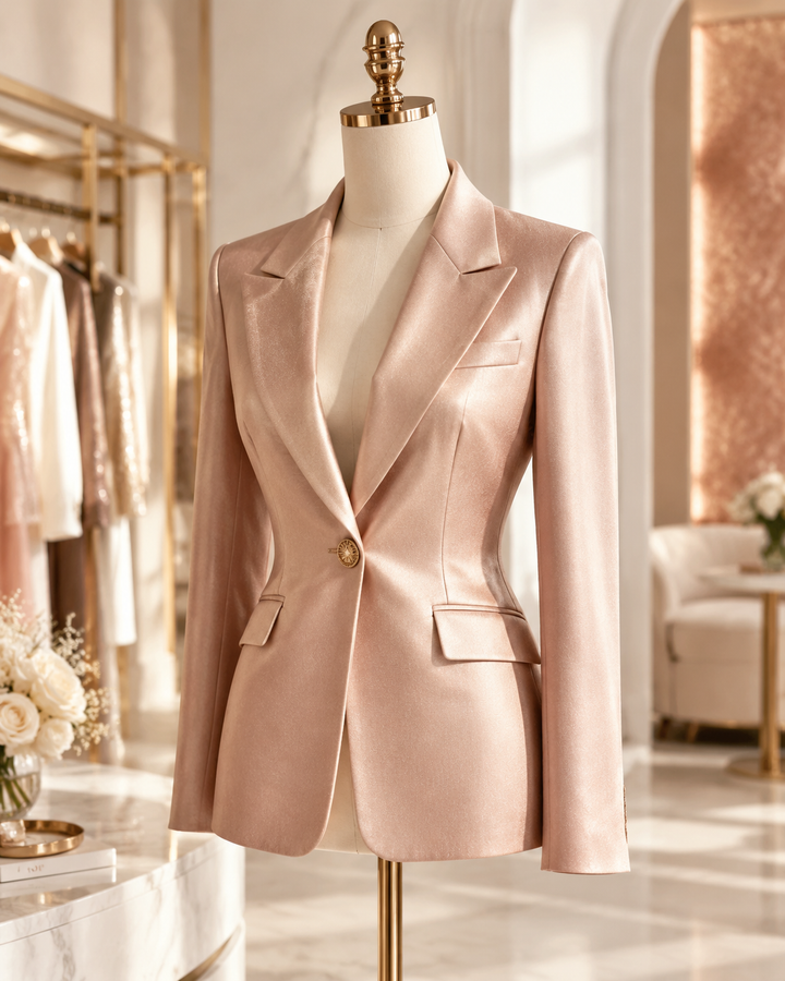 Rose-gold editorial of a tailored blazer on a dress form in a bright boutique, Aritzia premium DTC