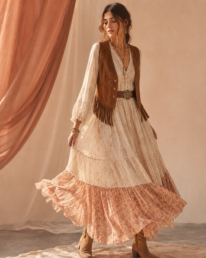 Woman in a tiered boho prairie dress with a suede waistcoat, cream and terracotta palette
