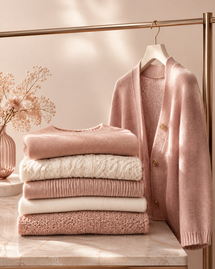 Rose-gold editorial of a neat stack of folded knitwear and a hanging garment on a minimal rail, representing bonded warehouse inventory deferring apparel tariffs
