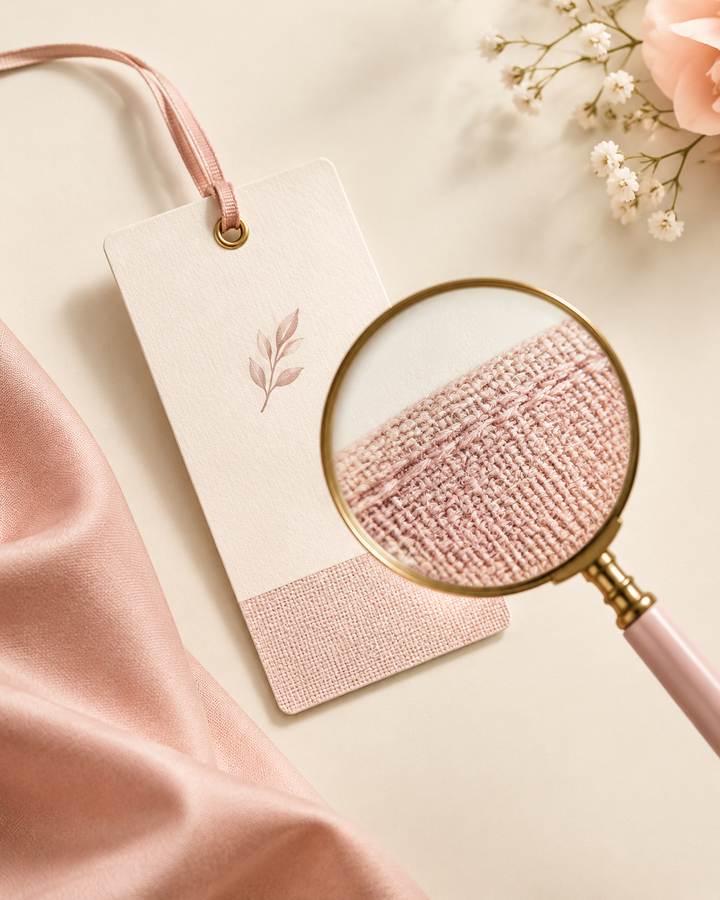 Garment hangtag under a magnifier on a cream backdrop, green claims substantiation editorial