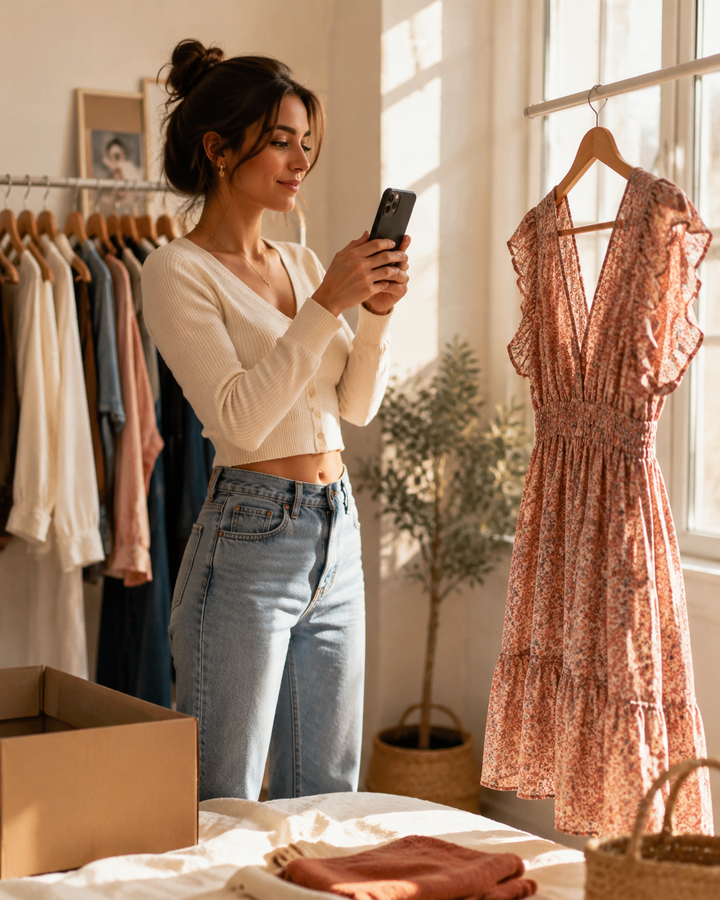 A woman photographing a pre-loved dress on her phone to resell in warm rose-gold daylight