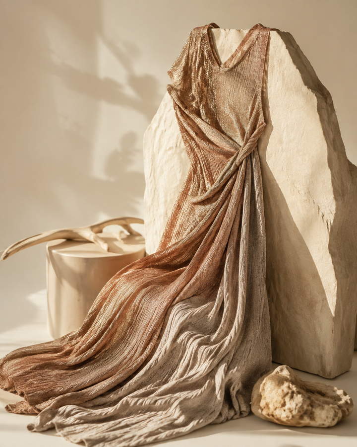 Editorial of a draped recycled-fiber knit dress in rose-gold and oatmeal, eco-conscious luxury mood
