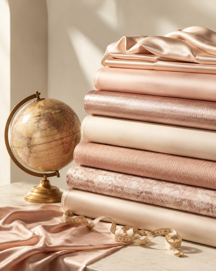 Bolts of blush, cream and rose-gold fabric with a brass globe and measuring tape, global supply chain editorial