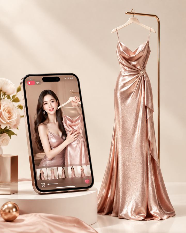 Smartphone showing a live shopping stream beside a rose-gold dress on clean cream studio background, editorial fashion