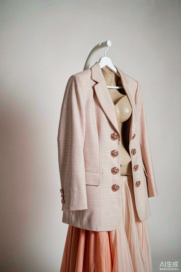 Elegant women's tailored blazer in blush cream with rose-gold buttons, editorial still life