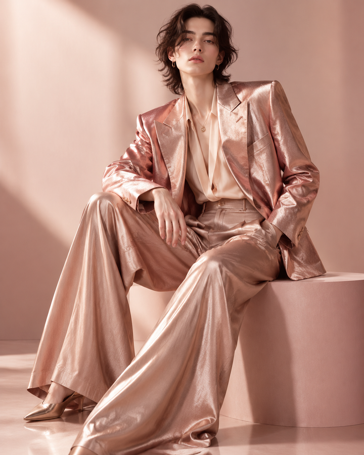Relaxed rose-gold blazer with fluid trousers, gender-neutral styling, neutral studio, no text