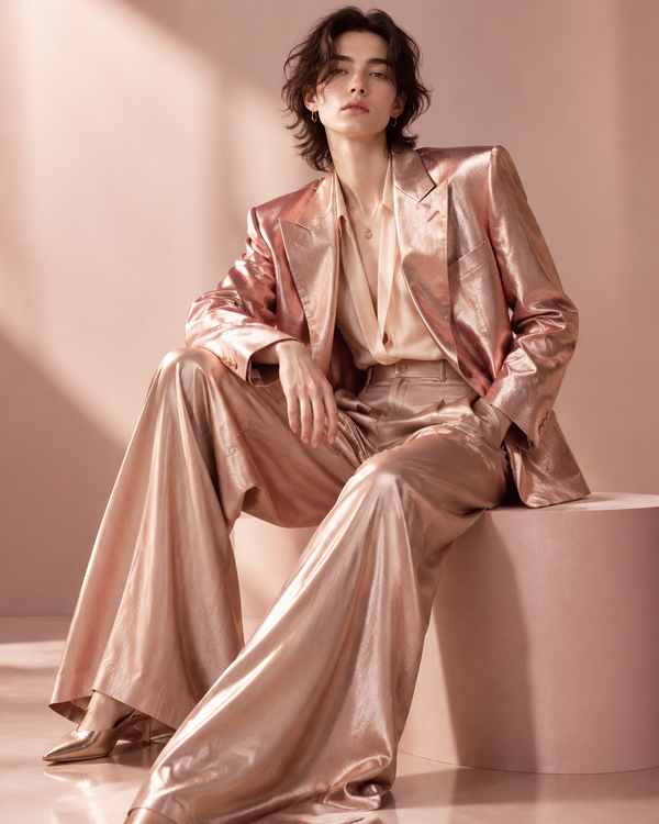 Relaxed rose-gold blazer with fluid trousers, gender-neutral styling, neutral studio, no text