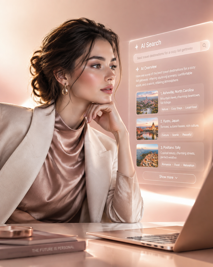 Woman viewing an AI search results overlay on a glowing screen, rose-gold gradient