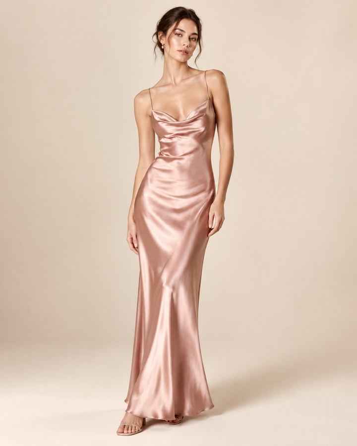 Rose-gold slip dress on a clean cream studio background, editorial fashion, generative search topic