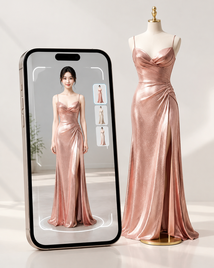 Smartphone showing an AR dress try-on overlay beside a rose-gold garment on a dress form, fit technology editorial
