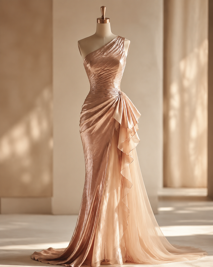 Editorial of a single elegant dress on a mannequin in rose-gold and cream tones, minimalist studio, cinematic light, no text, no watermark
