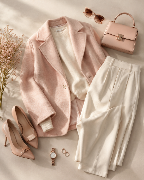 Diverse body-inclusive womenswear flat-lay of tailored trousers and blouse in rose-gold blush cream tones