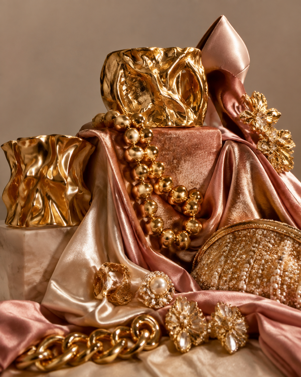 Opulent maximalist still life with chunky gold jewelry and layered silk in rose-gold, blush and cream tones