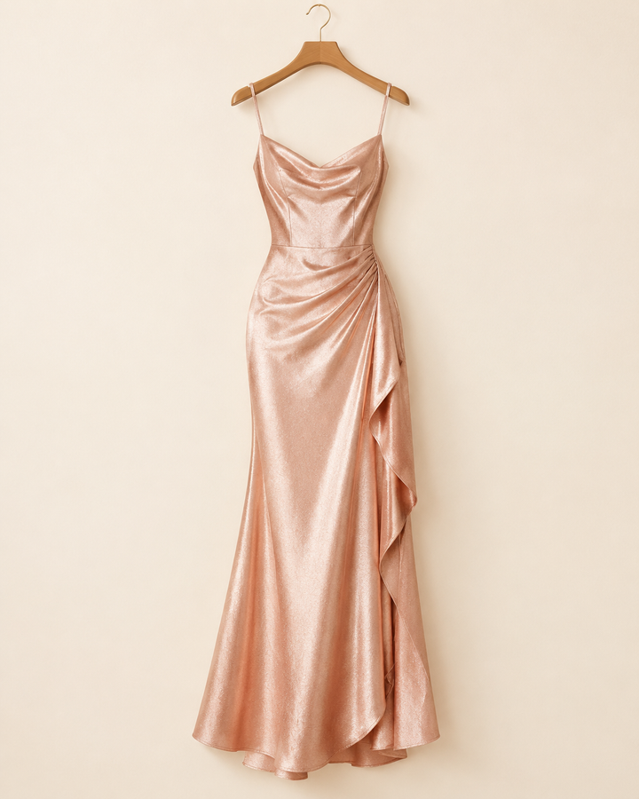 Rose-gold dress on a wooden hanger on a clean cream studio background, visual search editorial