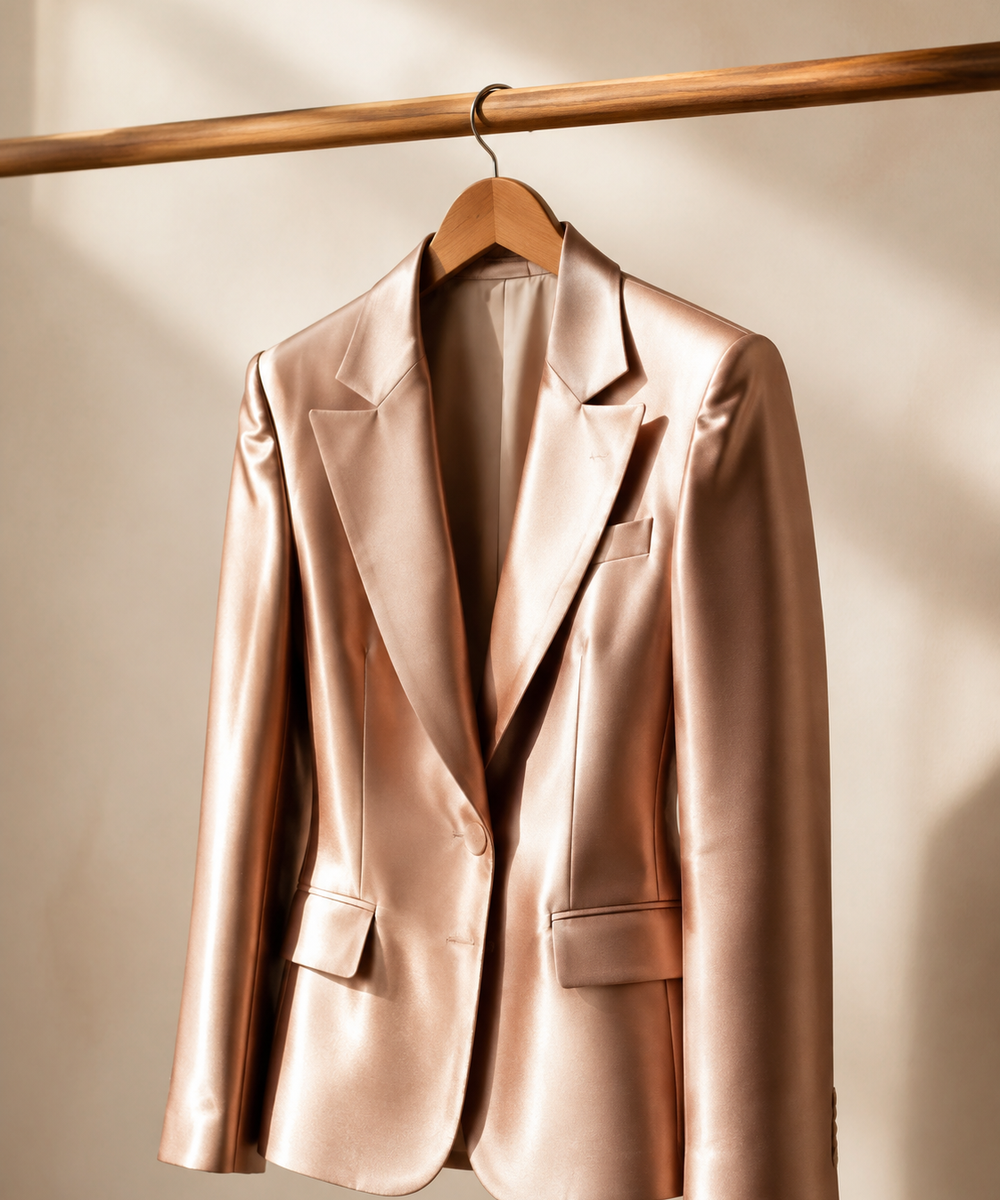 Tailored rose-gold blazer on a hanger showing structured shoulders and lapel detail