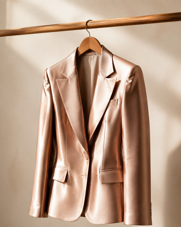 Tailored rose-gold blazer on a hanger showing structured shoulders and lapel detail