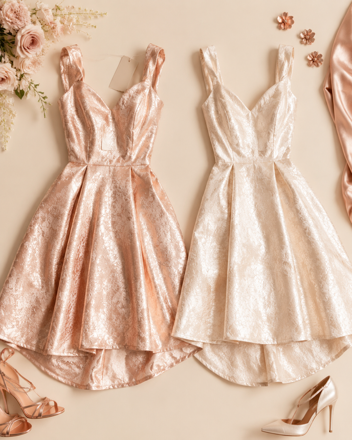 Flat-lay of two similar elegant dresses side by side in rose-gold and cream, one with a designer-style tag, studio light, no logos, no text