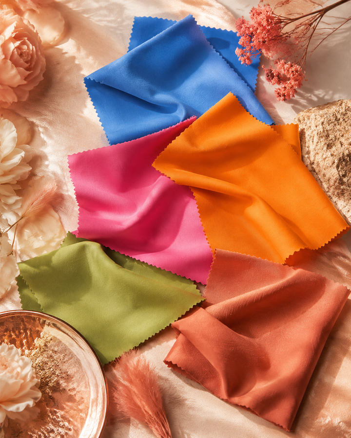 Editorial flat-lay of 2027 spring colour forecast swatches in luminous blue, orange, pink, green and clay on a cream rose-gold surface