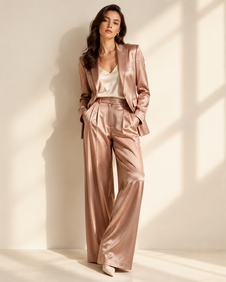 Woman in softly tailored rose-gold blazer and trousers, editorial workwear, cream backdrop