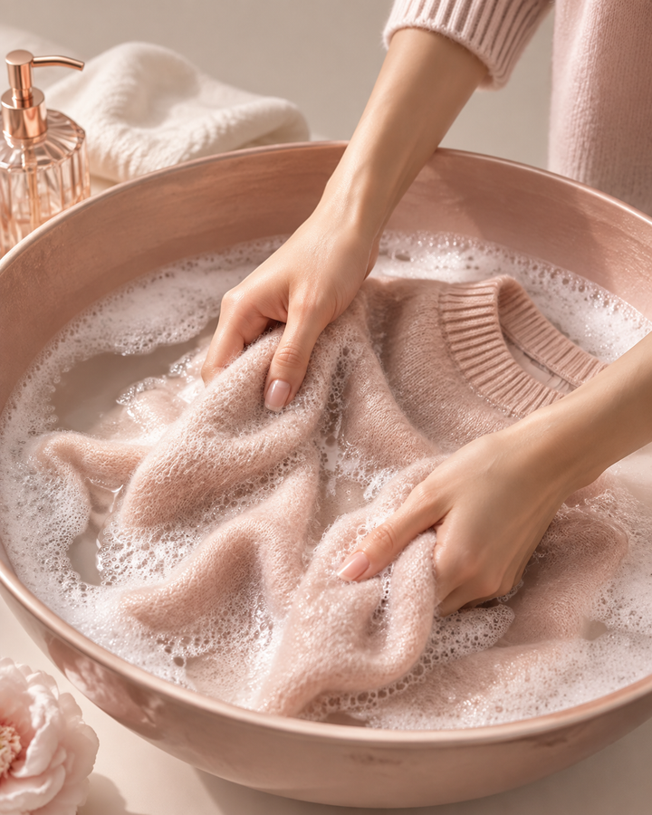 Delicate knit sweater hand-washed in a basin with gentle foam in rose gold blush tones