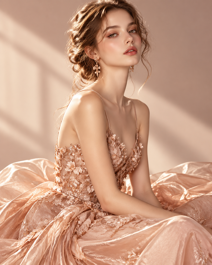 Rose-gold editorial flat lay of a shopping app and folded womens garments, cream studio, Amazon versus Shein apparel market