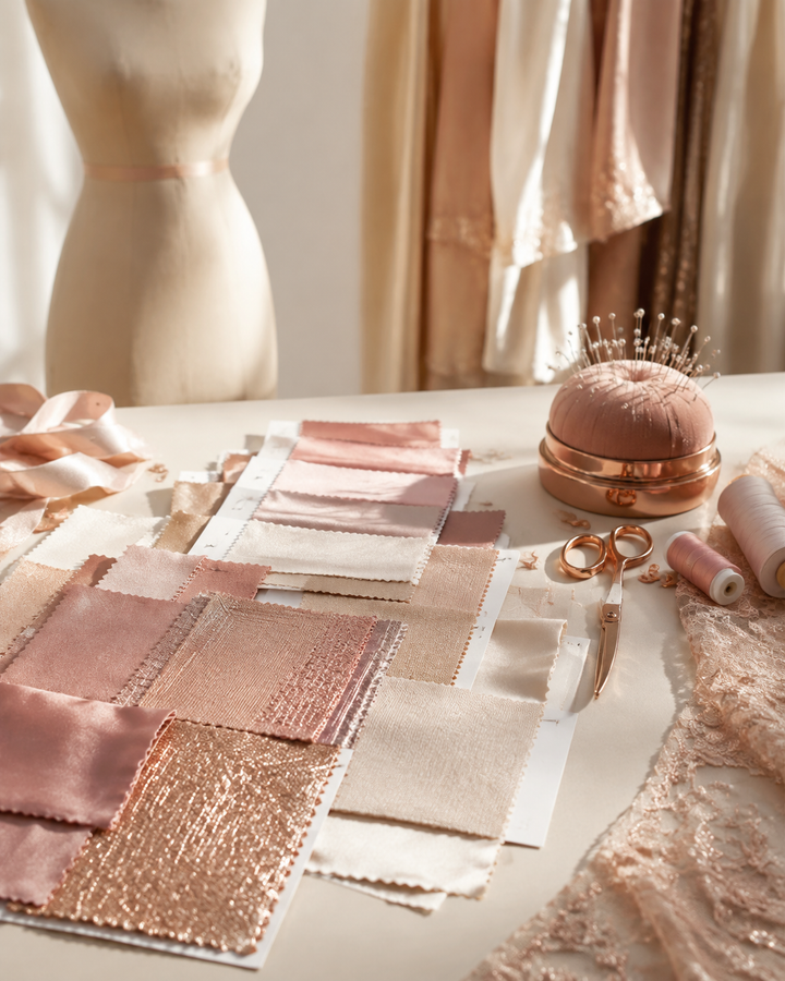 Tailor's table with blush, cream and rose-gold fabric swatches and sewing tools, on-demand production editorial