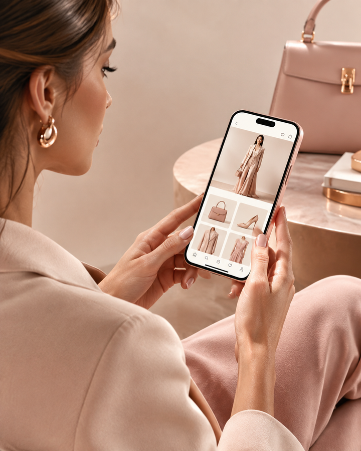 Woman shopping fashion on a smartphone, rose-gold editorial