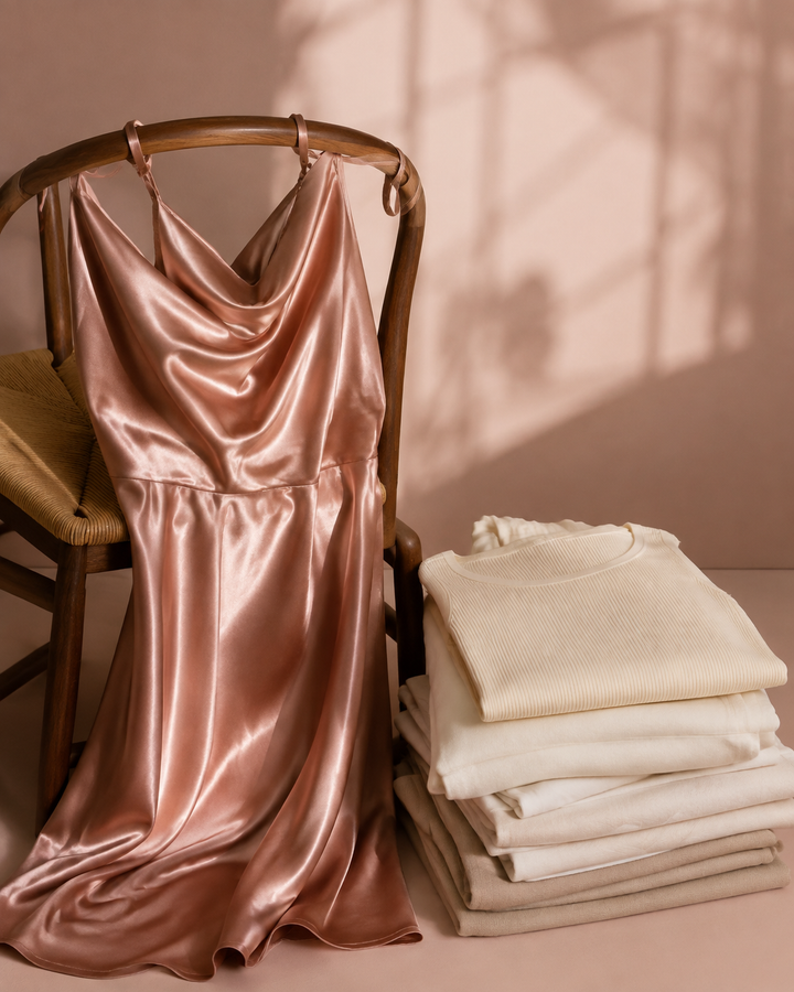 Rose-gold satin slip dress draped beside folded cream cotton basics, contrasting luxury and essentials